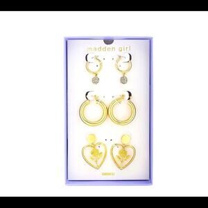 New in box  Madden Girl 3 piece earring set in gold hoops various sizes GIFT BOX